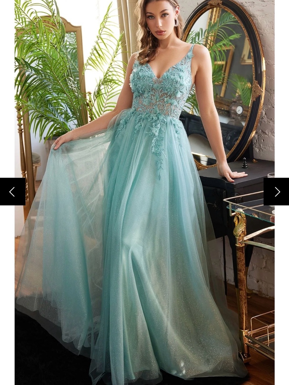 Aqua Blue Lace Appliqué Prom Gown with Tulle Skirt